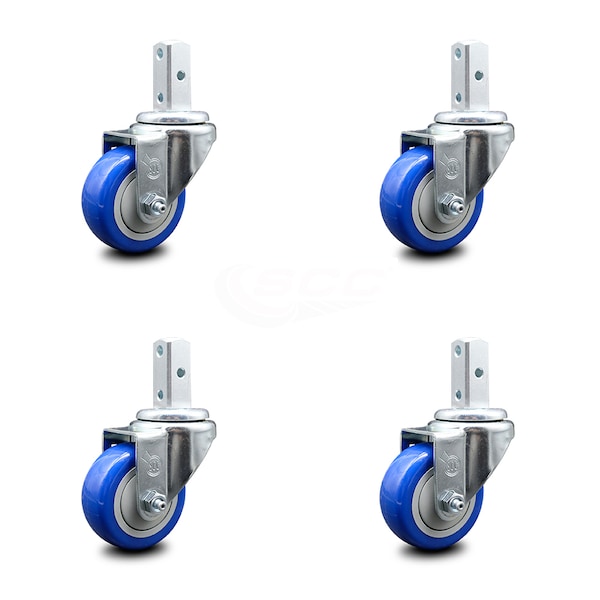 3.5 Inch Blue Polyurethane Wheel Swivel 3/4 Inch Square Stem Caster Set SCC